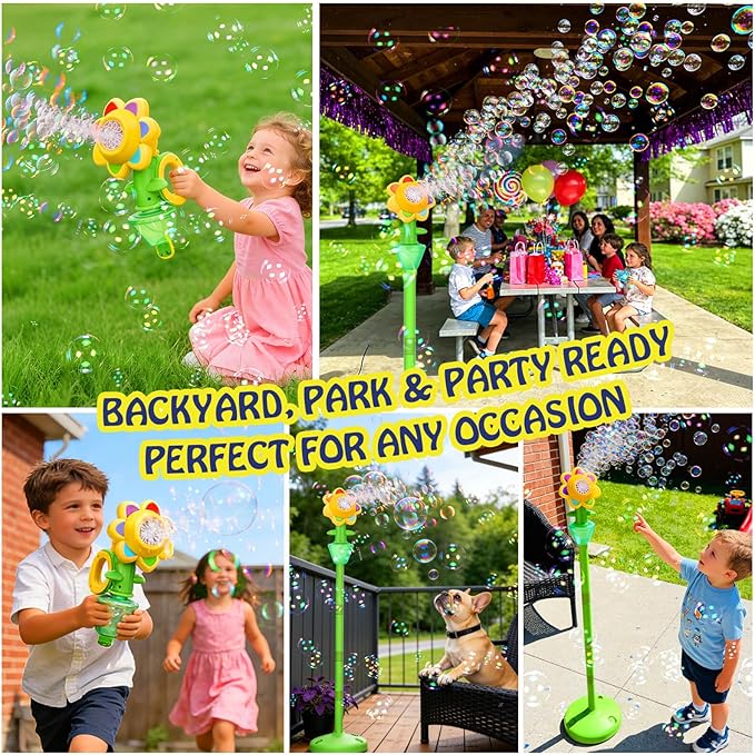 AIERSA 2 Pack Flower Bubble Stand Machine,Sunflower Bubble Maker with Lights, Height Adjustable Rechargeable Automatic Bubble Blower for Outdoor Backyard Party
