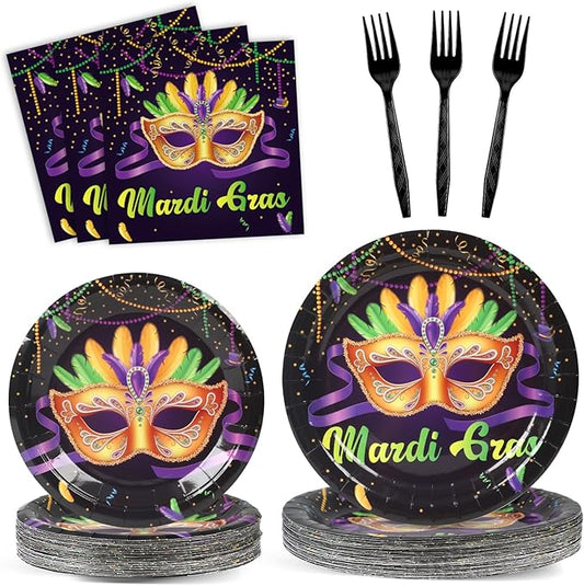 OBUSATT 96Pcs Mardi Gras Party Supplies Mardi Gras Paper Plates Napkins Forks Black Masquerade Mask Dinnerware Disposable New Orleans Party Decorations MardiGrass Tableware Serves 24