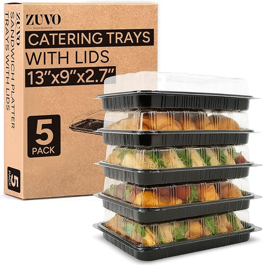 Zuvo Catering Trays with Lids 5 Pack - 13 Inch Reusable Serving Platters for Sandwiches, Cookies & Party Food - Stackable Plastic Food Trays with Clear Dome Lids for Buffets, Events & Catering