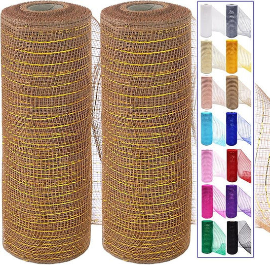 2 Pcs Brown Deco Mesh Ribbon Rolls 10 Inch 10 Yards(30 ft) Decorative Mesh Fabric with Foil for Wreaths Christmas Tree Ribbon Door DIY Craft Halloween Decor Wedding Party Supplies (Brown, 2Pcs)