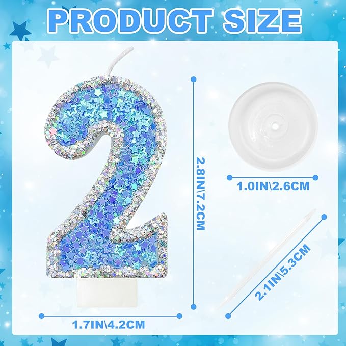 Blue Star Number 2 Candle for Cake Decoration, Glitter Star Cake Topper, Shaker Style Number Candle for Anniversary Celebration Party Supplies