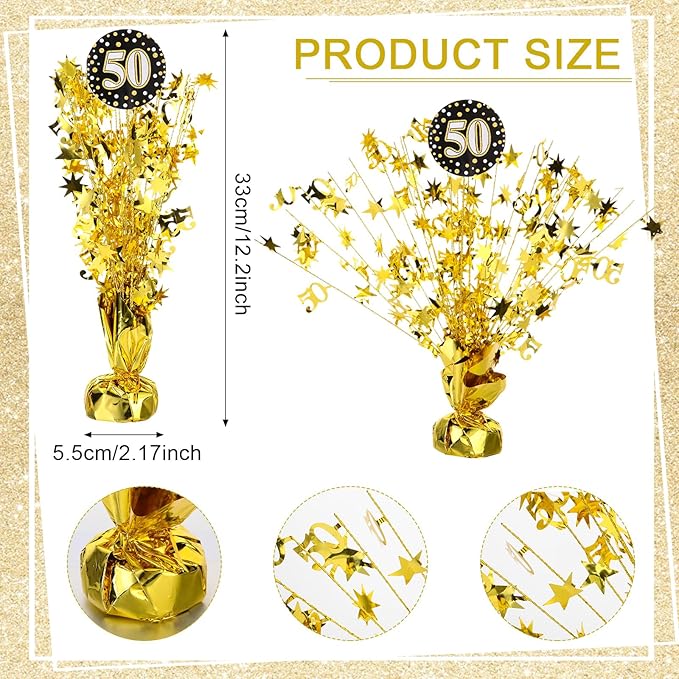 Soaoo 6 Pcs 50th Birthday Spray Centerpiece Gold Metallic Glitter Foil for Party Table Centerpiece with Different Cards N'burst for 50th Birthday Party Decoration