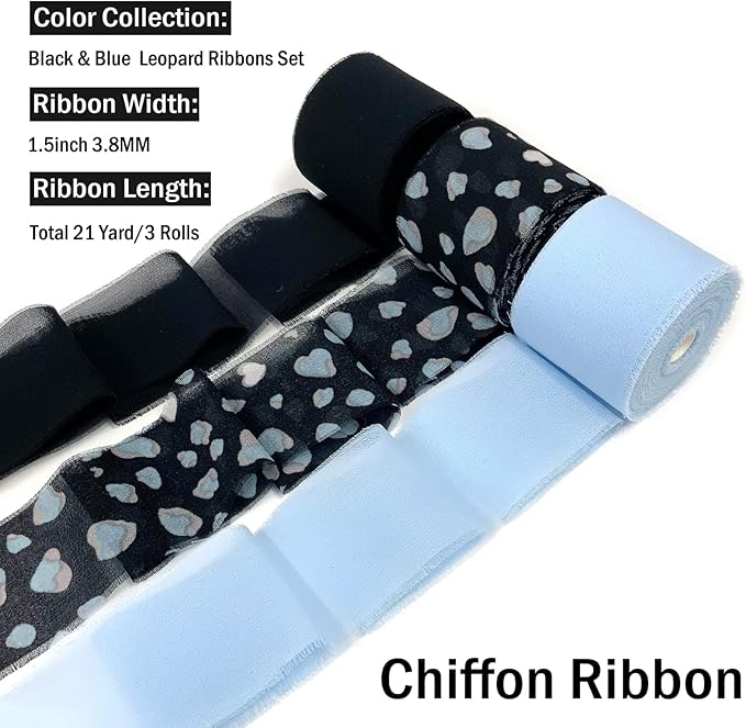 Chiffon Ribbon, 3 Rolls Handmade Floral Fringe Chiffon Silk Ribbons, 1.5" x 7 Yards Blue Leopard Ribbons Set for Wedding Invitations, Bridal Bouquets, Gifts Wrapping, DIY Crafts Decoration
