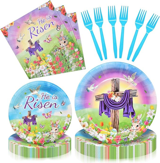 96 Pieces "He is Risen" Easter Day Tableware Set Party Supplies - Religious Theme Disposable Dinnerware with Paper Plates, Napkins, Forks for Spring Resurrection Christian Celebration Favors