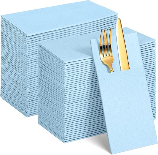 120 Pcs Light Blue Linen-Feel Paper Napkins with Built-in Flatware Pocket, Pocket Linen Napkins Prefolded Cloth Like Paper Napkins Bulk for Silverware Wedding Baby Shower Birthday Bridal Party