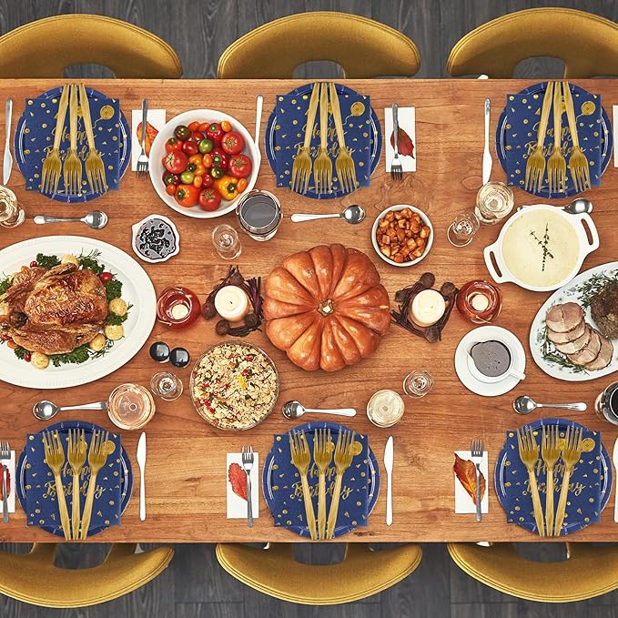 48PCS Happy Birthday Plates and Napkins Party Supplies, Blue and Gold Disposable Paper Plates and Napkins with Forks Tableware Set for Birthday Party Decorations 16 Guests