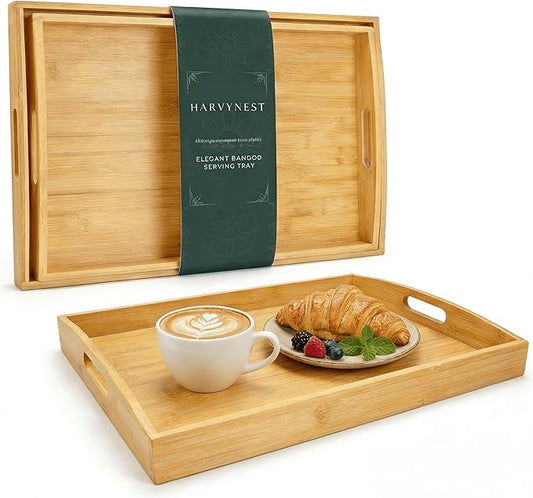 Bamboo Serving Tray Set of 2 with Handles, Nesting Wooden Serving Trays for Food & Drinks, Coffee Table Ottoman Tray for Living Room Decor, Large 16.9" x 12.7" x 1.5" & Small 15.6" x 11.7" x 1.5"