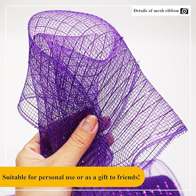 2 Pcs Purple Deco Mesh Ribbon Rolls 10 Inch 10 Yards(30 ft) Decorative Mesh Fabric with Foil for Wreaths Christmas Tree Ribbon Door DIY Craft Halloween Decor Wedding Party Supplies (Purple, 2Pcs)