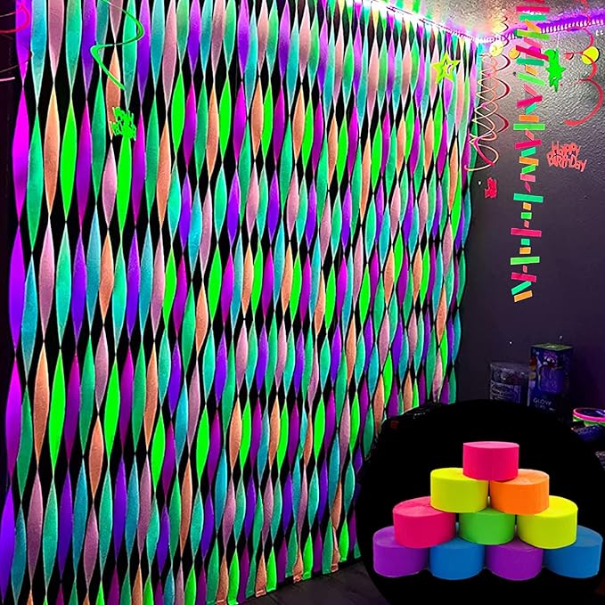 600 feet Glow Crepe Paper Streamers UV Glow Party Neon Streamer Decorations Glow in The Dark Black Light Reactive Fluorescent Neon Paper Party Streamers Wedding Birthday Blacklight Party Supplies