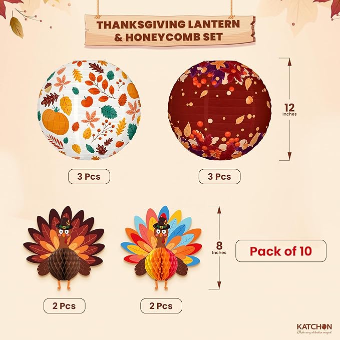 KatchOn, Thanksgiving Hanging Decorations - Huge Pack of 10 | Paper Lanterns and Turkey Decorations | Hanging Thanksgiving Decorations | Friendsgiving Party Decorations, Fall Decor, Harvest Decoration