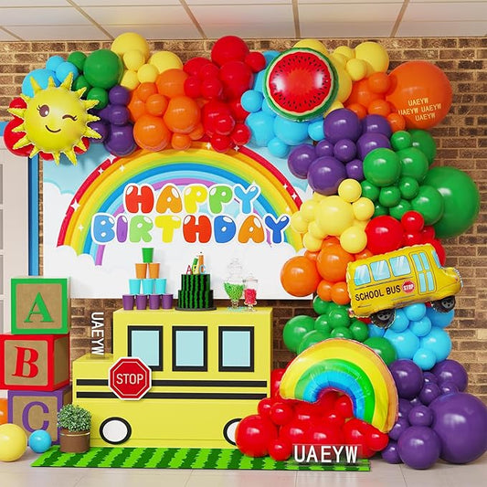 Rainbow Balloon Arch Garland Kit,159pcs Assorted Colors with Watermelon School Bus Rainbow Sun Mylar Balloons for Watermelon Birthday Party Back to School Kindergarten Graduation Decorations
