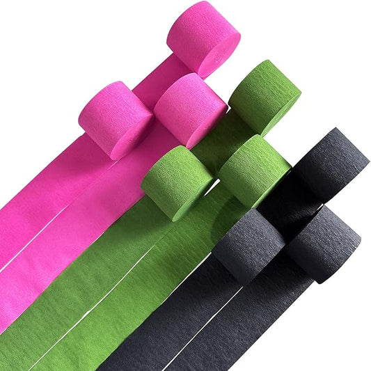 Pink Green & Black Crepe Paper Streamers Party Decorations for Birthday, Flamingo, Hip-Hop, Witch Themed Party etc. 9 Rolls