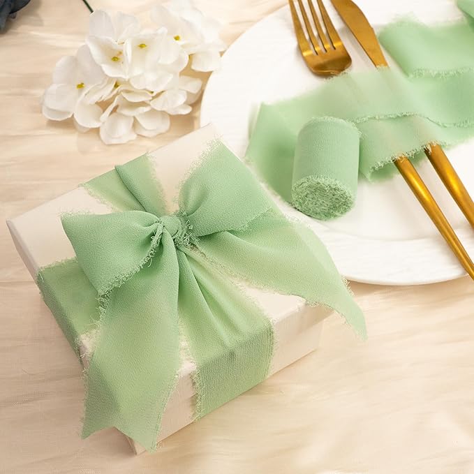 Chiffon Ribbon, Sage Green Silk 1.5''x21Yd Handmade Frayed Fringe Ribbons for Wrapping, DIY Bows, Invitations, Bridal Bouquets, Crafts, Birthday, Wedding, Engagement, Party Decoration, 3 Rolls