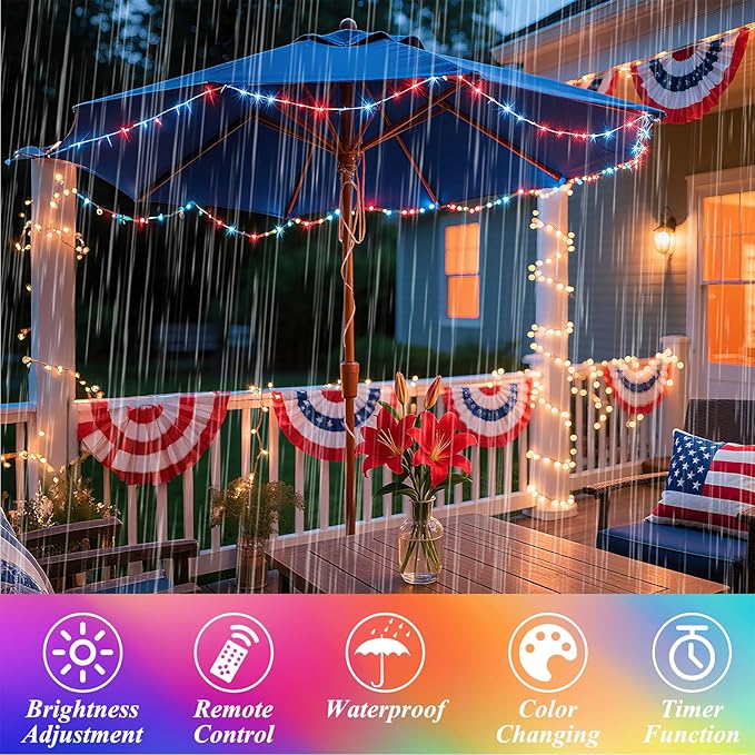 Lovelite Fairy Lights 34 Colors Changing, 2 Pack Total 40FT 120LED 4th of July String Lights Battery USB Operated, Waterproof Twinkle Lights with Remote for Holiday Wedding Party Indoor Outdoor