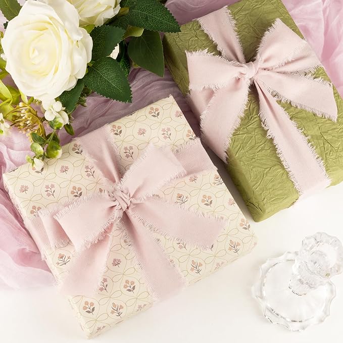 Pink Cotton Ribbon 1 Inch Pink 3 Rolls 21 Yards Frayed Edge Fabric Set for Bridal Shower, Baby Shower, Wedding Invitations, Birthday Party & Gift Wrapping