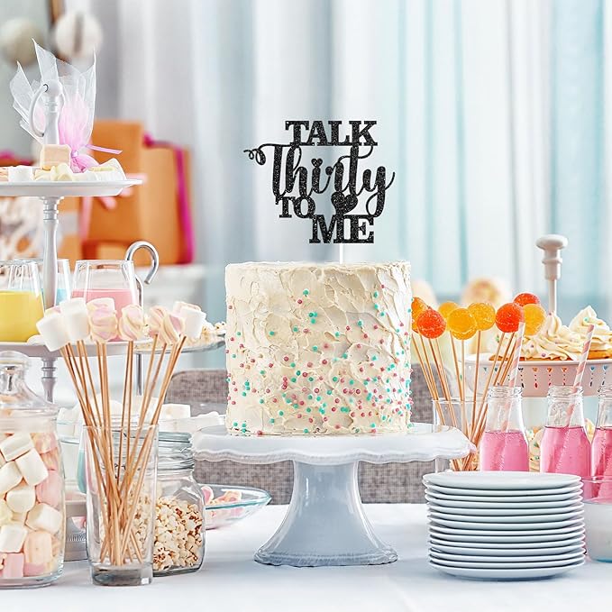 Talk Thirty to Me Cake Topper, Black Glitter Dirty 30 for 30th Birthday Wedding Anniversary Hello 30 Party Decoration Supplies