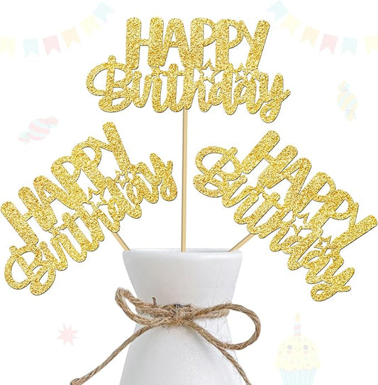 Happy Birthday Centerpiece Sticks 12 Pieces Birthday Party Decorations Gold Glitter Happy Sign Table Toppers for Bday Themed Celebration Party Supplies