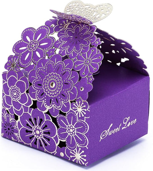 KAZIPA 50pcs Laser Cut Favor Boxes, 2.6" x 2.6" x 1.6" Floral Favor Boxes, Party Favor Box for Bridal Shower Anniversary Wedding Party Favor, Pink (Gold Stamping Blue)