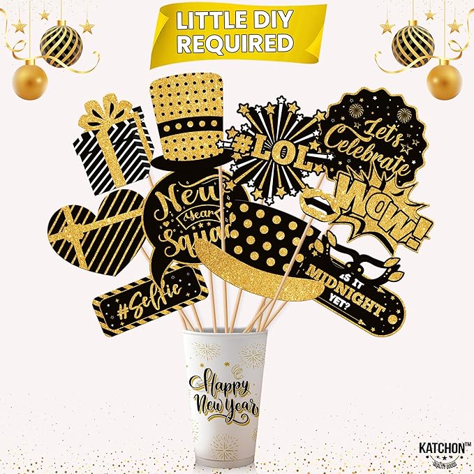 Katchon, 30 Pcs, Glitter New Years Photo Booth Props | NYE Photo Booth Props for New Years Eve Party Supplies 2026 | New Years Decorations 2026 | New Year Photo Props for NYE Decorations 2026