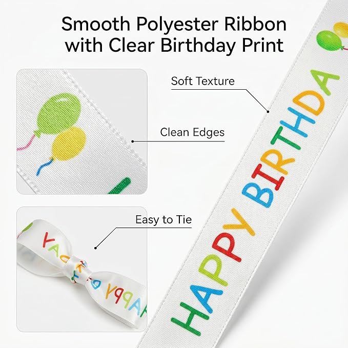 Happy Birthday Ribbon Roll for Gift Wrapping, 15 mm x 30 ft White Printed Birthday Gift Ribbon for Crafts, Party Decorations, Bouquets, Bows and Cake Table Accents