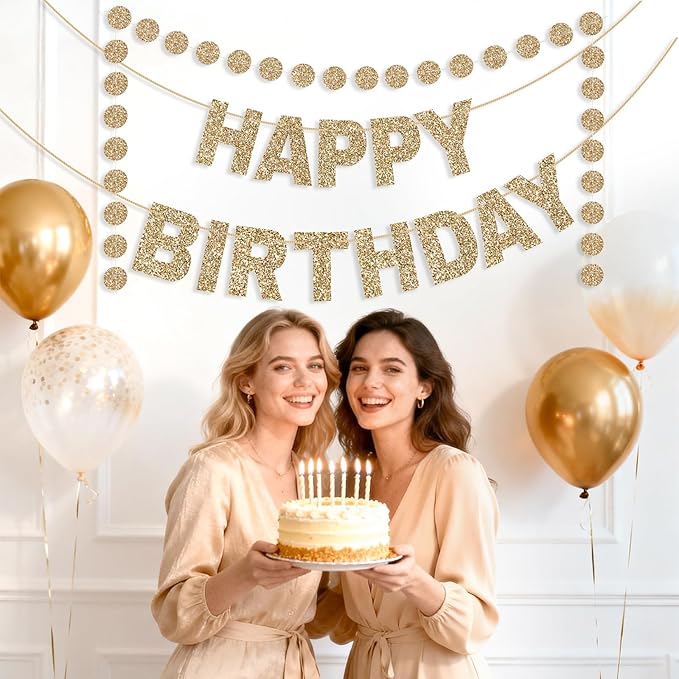 GCQQ Champagne Gold Happy Birthday Banner - Pre-Strung Glitter Gold 3M Pre-Strung Letter Banners + 2.5M Dot Garland Birthday Party Decorations for Women, Bridal Shower, Baby Shower & Anniversary