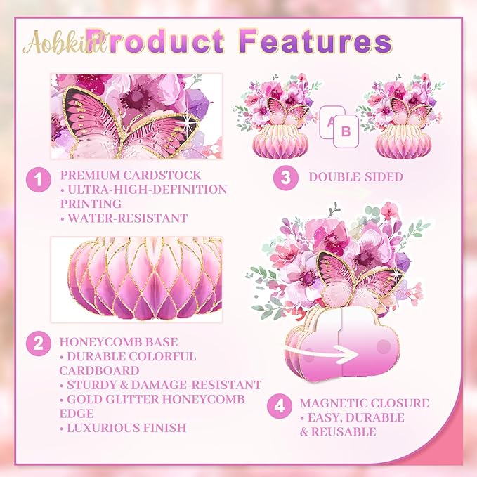 AOBKIAT Women Birthday Decorations Party Centerpieces,Large Size Table Centerpieces with Glitter Edge,Pink Purple Cardboard Honeycomb Base for Mother Day,Baby/Bridal Shower,Wedding,Gradient Vase