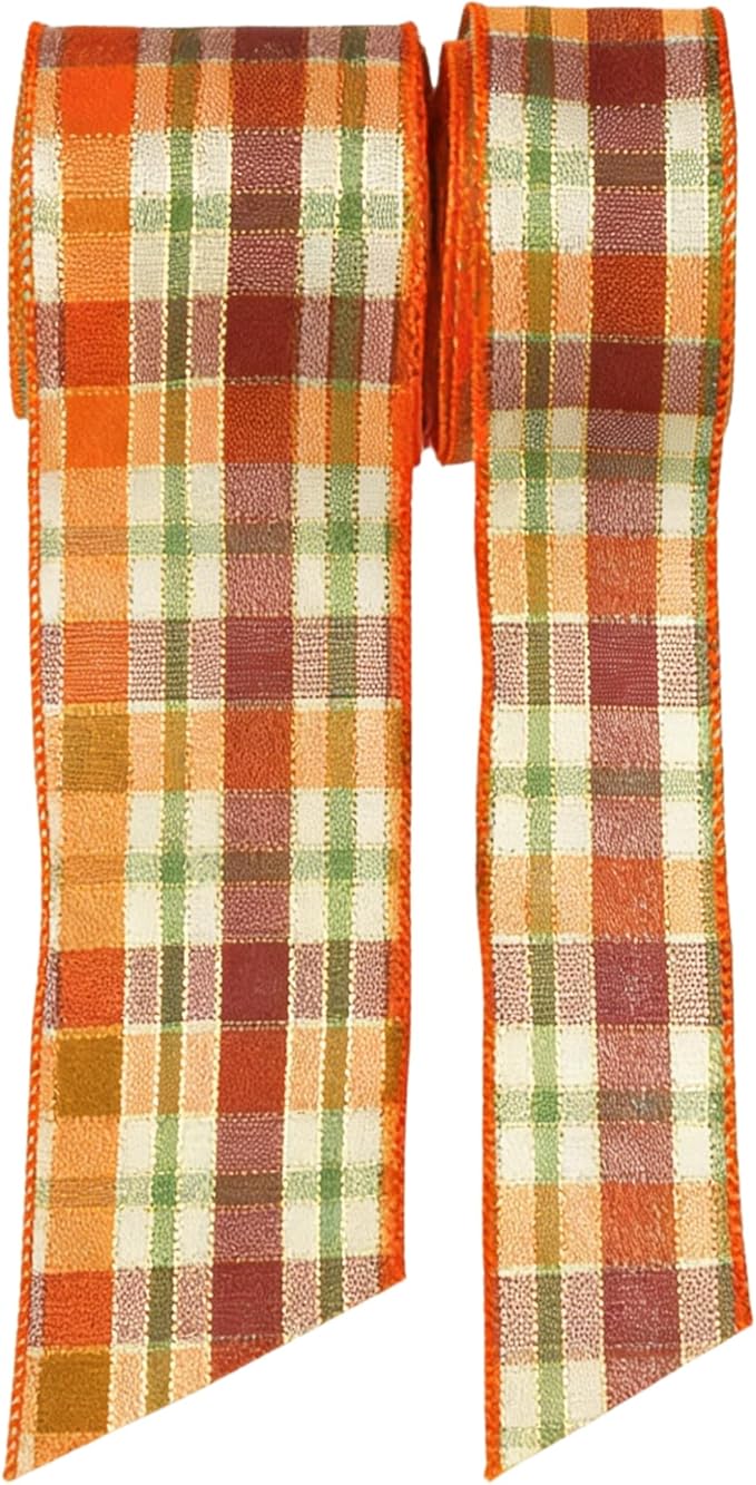 Meseey 20 Yards Fall Plaid Wired Ribbon, 1.5 Inch & 2.5 Inch Buffalo Plaid Burlap Ribbon, Tartan Check Wired Edge Ribbon for Big Bows, Fall Wreaths, Gift Wrapping & DIY Crafts (Burgundy/Orange)