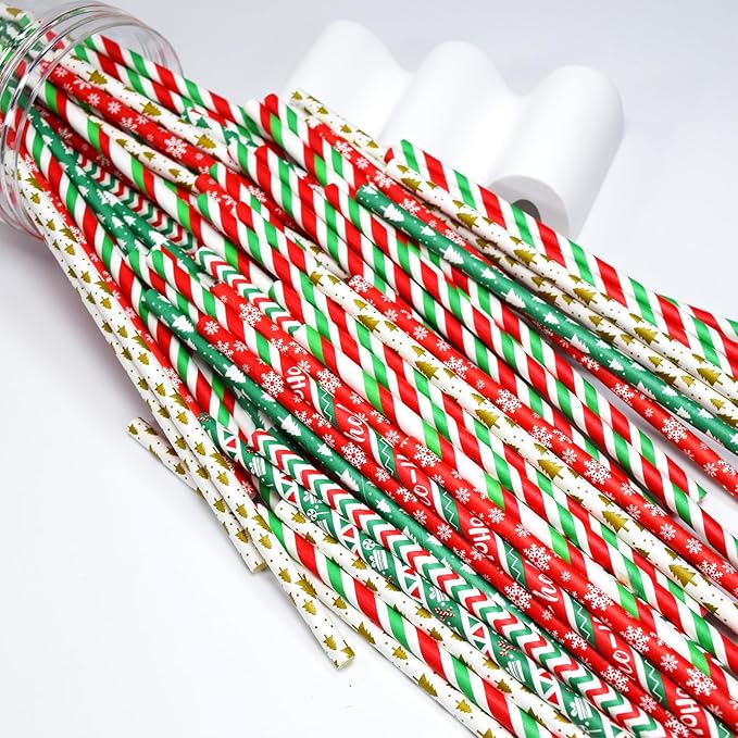100 Christmas Paper Straws, 8 Styles Red Green White Gold Biodegradable Party Drinking Straws with Stripe, Wave, Christmas Tree Snowflake Design Decorations Supplies
