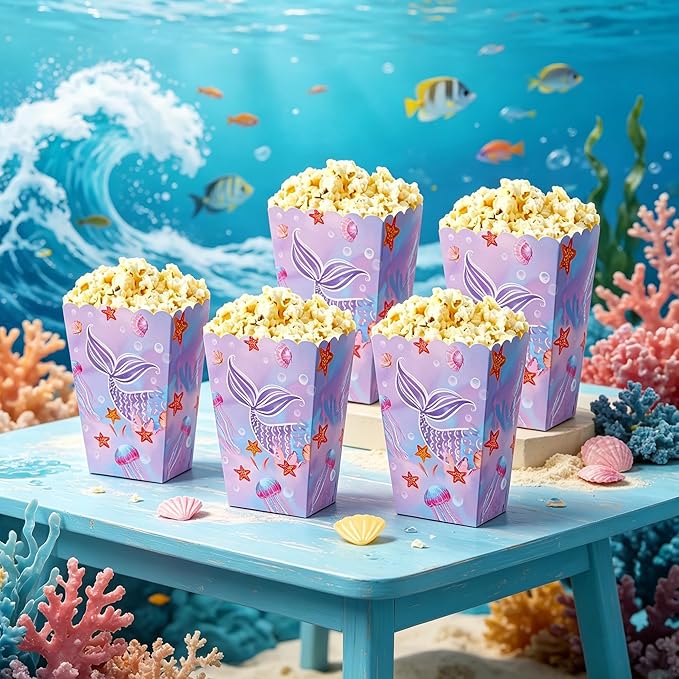 BACH AND BOUJEE 12 PCS Mermaid Popcorn Boxes Under the Sea Party Favor Goodie Boxes Candy Bags for Girls Princess Mermaid Birthday Party Supplies Baby Shower Wedding Decorations