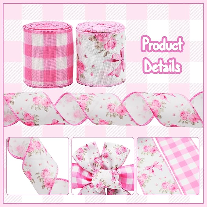 Pink Rose Wired Ribbon Set, 2 Rolls 2.5 Inch x 10 Yards Total, Floral Buffalo Plaid Wired Edge Ribbon for Wreaths, Bows, Gift Wrapping, Wedding Decor, Spring Summer Crafts, Mother's Day Decor