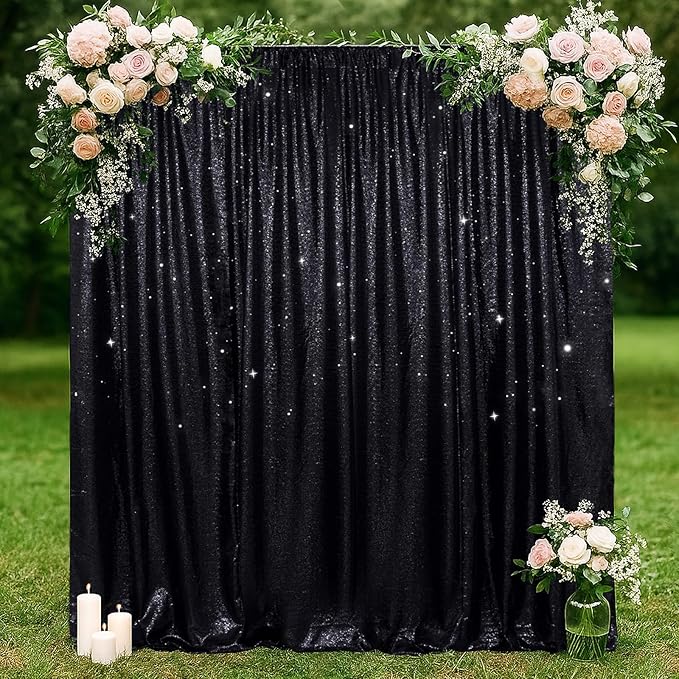 SquarePie 8x8ft Black Sequin Backdrop for Photography, Satin-Backed Real Sequin Curtain, Enhanced Coverage Shimmering Background with 4" Rod Pocket for Wedding, Birthday, Party Decor, 1 Panel