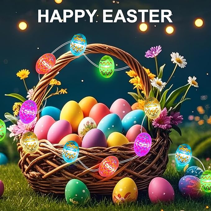 Aogist 50LED Easter Egg Fairy Lights - 16ft Super Bright 3D Egg String Light Battery Operated Decor for Indoor/Outdoor Easter Basket Spring Party Home Yard Tree Decor