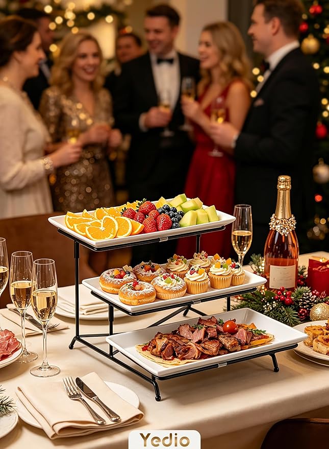 3 Tier Serving Trays for Party, Porcelain Serving Platters and Trays, 12 Inch Tiered Tray Stand, Fruit Tray, Trays for Serving Food, White Dessert Stand with Collapsible Sturdier Metal Rack