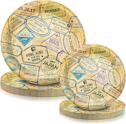 Yungyan 50 Pcs World Travel Plates Disposable Paper Tableware 9 Inch Dinner Plates 7 Inch Dessert Party Decoration Supplies