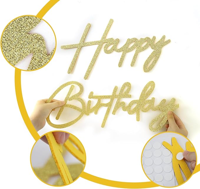 Happy Birthday Sign for Backdrop - Glitter Felt Happy Birthday Letter Sign for Balloon Arch Birthday Party Balloon Arch Backdrop Decorations for Birthday Party Baby Shower - Gold