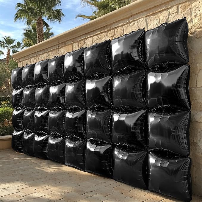 NISOCY 36PCS Black Square Foil Balloons Wall Backdrop Metallic Double Sided Black Balloon Tunnel Arch Kit for New Year Birthday Baby Shower Graduation Party Decorations