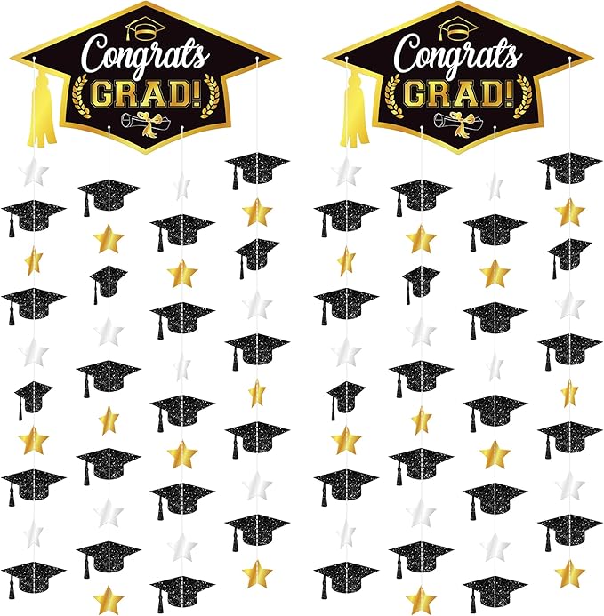 Graduation Decorations 2026, Black and Gold Graduation Cap Garland - Pack Of 2, No DIY | Congrats Grad Garlands for Graduation Cap Decoration | Graduation Party Decorations 2026, KatchOn