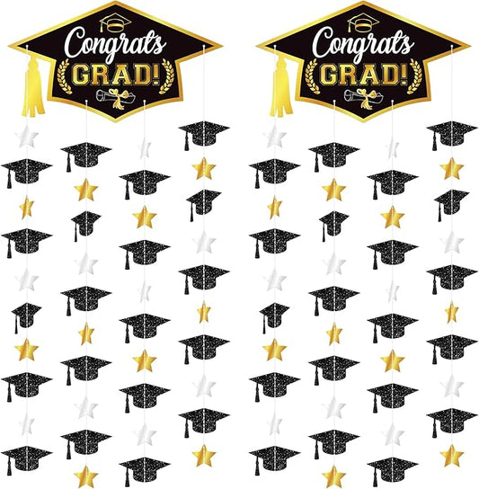 Graduation Decorations 2026, Black and Gold Graduation Cap Garland - Pack Of 2, No DIY | Congrats Grad Garlands for Graduation Cap Decoration | Graduation Party Decorations 2026, KatchOn