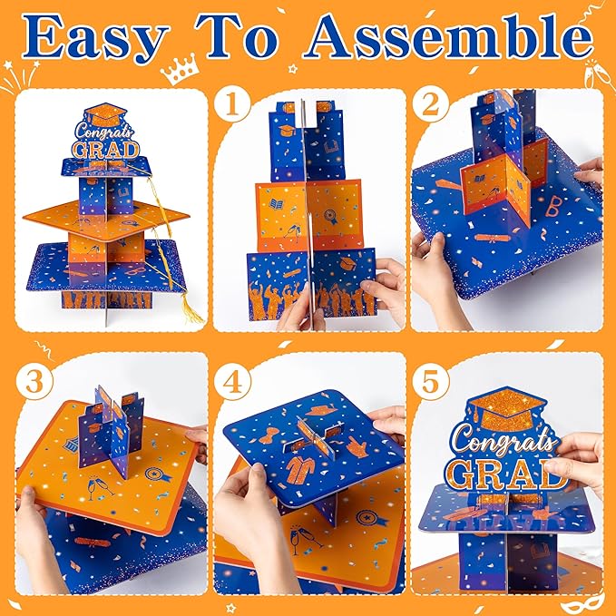 Haooryx Graduation Cupcake Stand Decoration - 3-Tier Orange Blue Graduate Cap Cupcake Tower with Tassel Cardboard Dessert Holder Kindergarten Primary High School College Graduation Party Table Decor