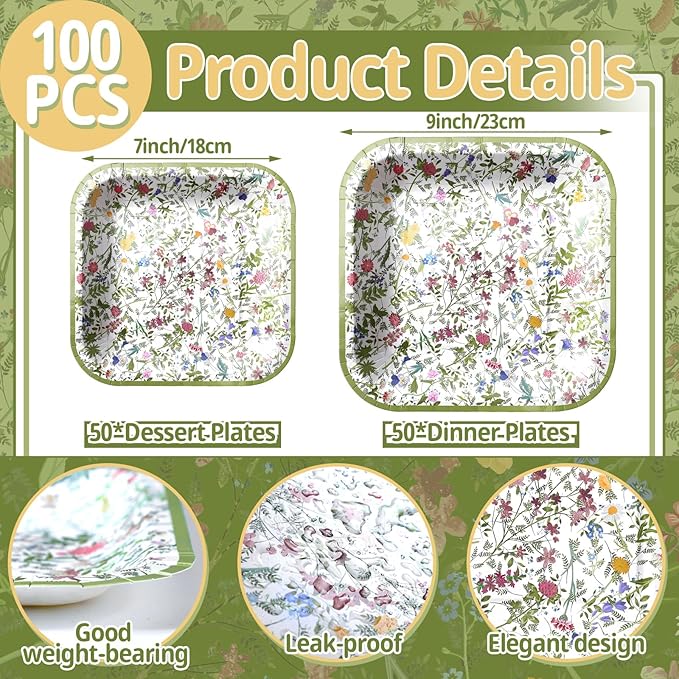 Umigy 100 Pcs Paper Plates Flower Dinner 9'' Floral Disposable Paper Plates 7'' Square Dessert Set for Dinner Birthday Wedding Baby Shower Party Tableware(Green,Wildflower)