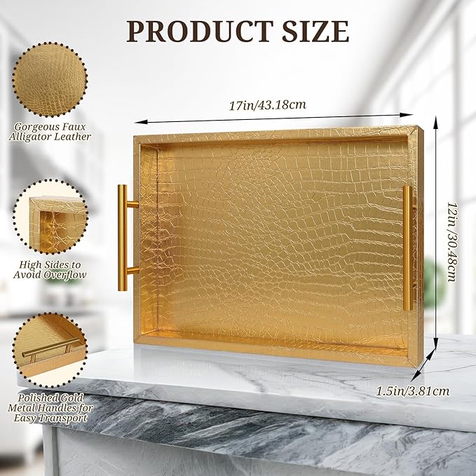 SXNOWS 17"x12" Gold Faux Leather Serving Tray with Gold Handles, Rectangle Decorative Tray for Ottoman, Coffee Table, Kitchen, Bar, Gift for Home Decor