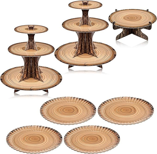 Sawysine 7 Pcs Woodland Cupcake Stand Set Woodland Baby Shower Decorations 3 Tier 2 Wooden Cupcake Stand 1 Rustic Cake 4 Rectangle Serving Tray Birthday Western Camping Hunting Supplies(Circle)