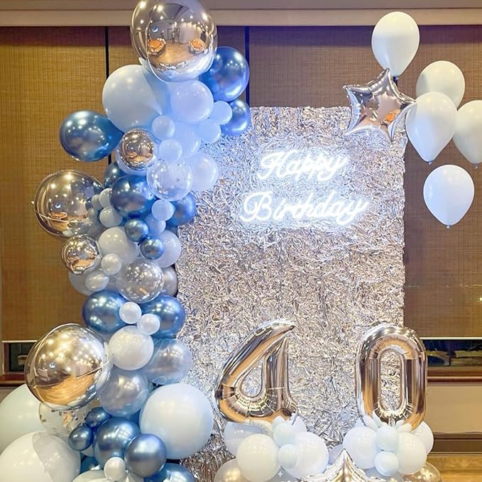 Jobkoo Blue and White Balloons, 60 Pcs 12 Inch Pastel Baby Blue Silver Latex Balloon with Metallic Confetti Balloons Graduation Balloon for Boys Birthday Baby Shower Christening Grad Party Decorations