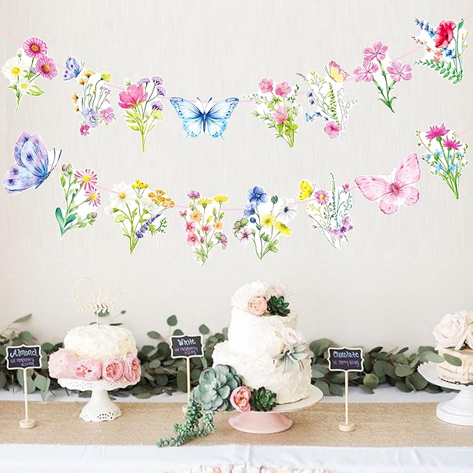 Wildflower Party Banners 2PCS Wildflower Birthday Party Supplies Spring Floral Party Decorations Wildflowers Themed Cutout Banner for Girl Women Garden Themed Decor