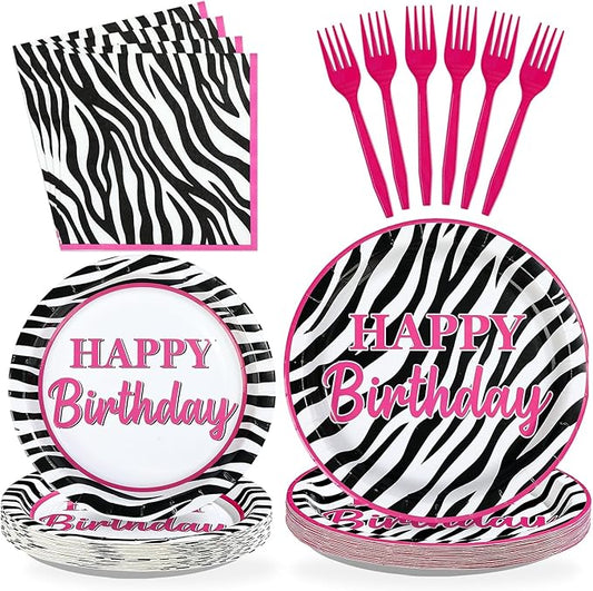 96Pcs Zebra Birthday Party Supplies Zebra Print Hot Pink Plates and Napkins Safari Jungle Theme Tableware Set for Girls Women Wildlife Animal Birthday Party Decorations Serves 24