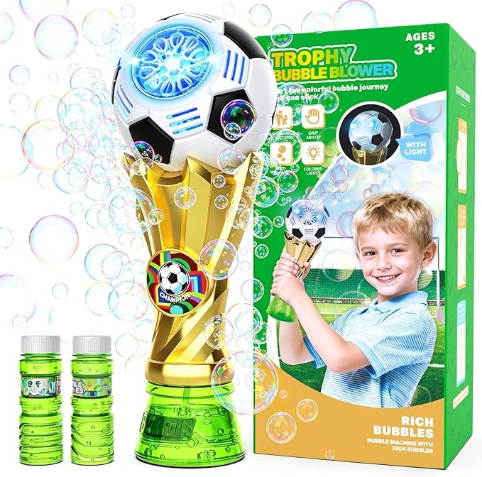 FUNZBO Bubble Machine for Kids - Soccer Trophy Bubble Wand with 2 Solution Refill, Automatic Bubble Blower, Bubbles Maker Blaster Toddler Outdoor Toys, 2026 Merchandise Birthday Gift for Boys Girls 3+