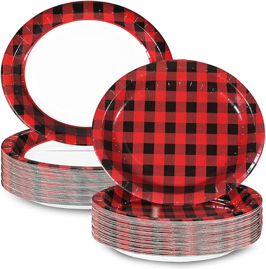 Red and Black Gingham Christmas Oval Paper Plates 10’’x 12’’, Large Disposable Heavy Duty red and black Gingham Plaid Paper Plates for Birthday Wedding Baby Shower Tea Party Supplies, 50 Guest
