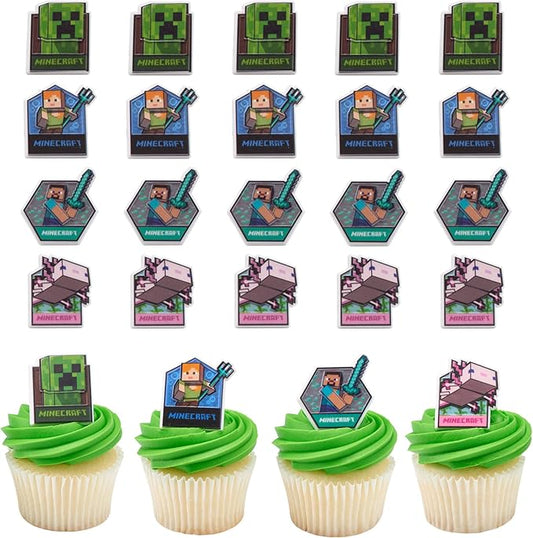 DecoPac Minecraft Lush Finds Rings, Cupcake Decorations Featuring Creeper, Alex, Steve and Axolotl! Multicolored 3D Food Safe Cake Toppers – 24 Pack