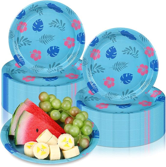 Zhehao 50 Pcs Birthday Party Plates 7 Inch Blue Cartoon Theme Disposable Paper Plates Tropical Hawaii Party Decorations for Summer Holiday