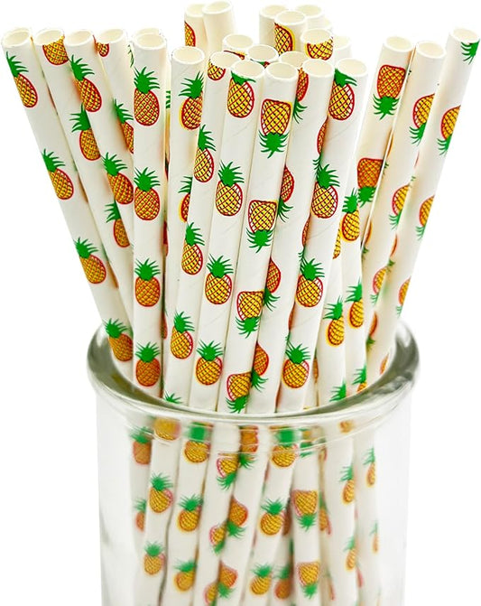 100 Pcs Disposable Straws, Biodegradable Paper Straws for Juices, Shakes, Smoothies, Party Supplies (Pineapple)
